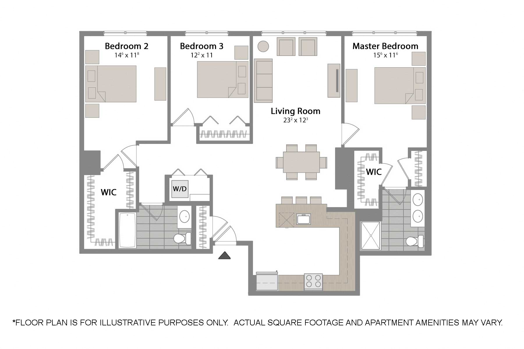 Floor plan for 3 beds, 2 baths, 1537 sqft